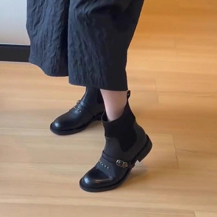Sheepskin Version~ Fashion Retro Rivet Belt Buckle Splicing Elastic Thin Boots Women's Versatile Socks Boots Short Boots Martin Boots