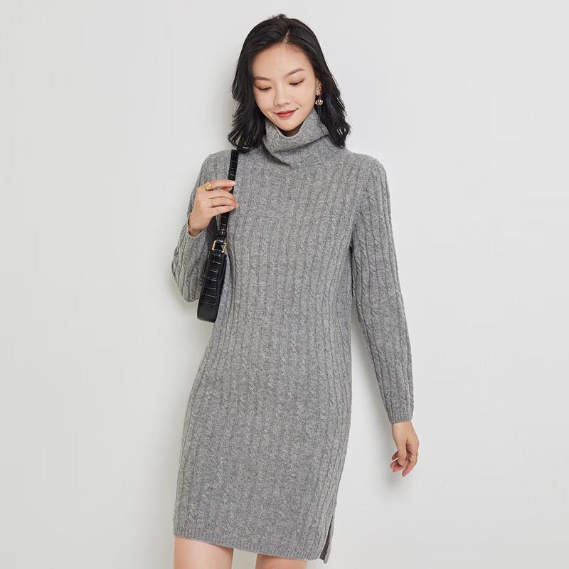 

Women s 100% Wool Cable Knit Turtleneck Slit Midi Dress L