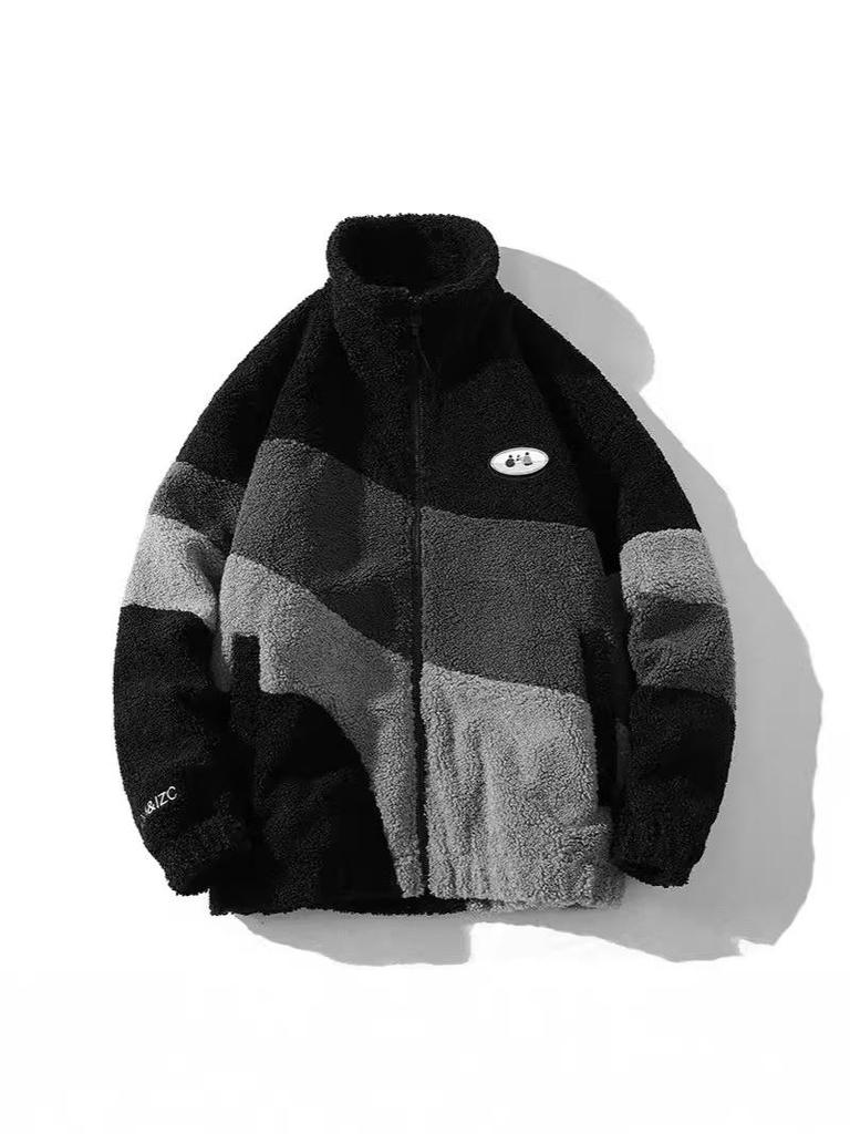 Men's Trendy Lamb Wool Jacket: Autumn/Winter Stand-Up Collar, Color Block Design, Unisex Fleece Coat