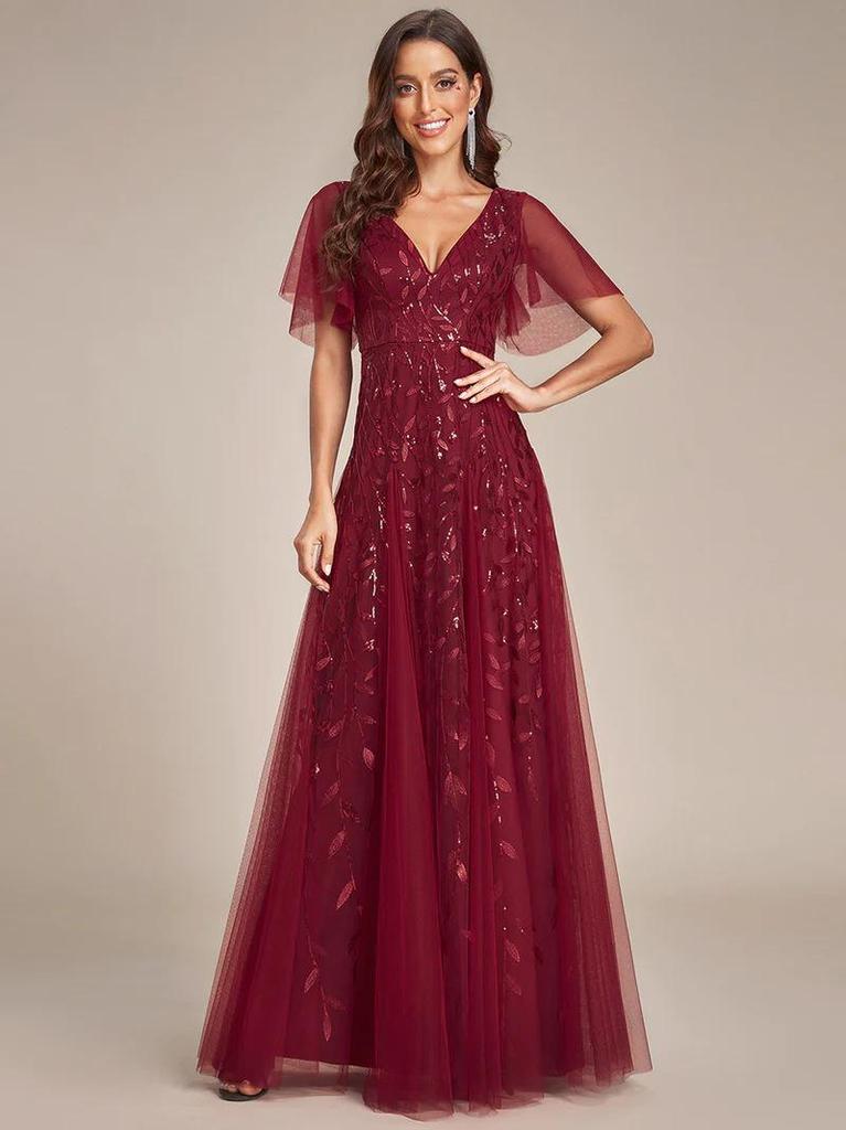 2026 Summer European & American V-neck Patchwork Mesh Evening Gowns for Banquets & Performances