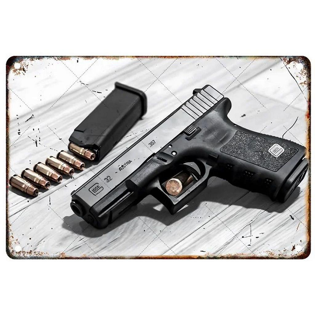 Pistol Military Plaque Metal Tin Signs Wall Decoration Vintage Art Posters Iron Painting for Man Cave Home Cafe Garden Club Bar