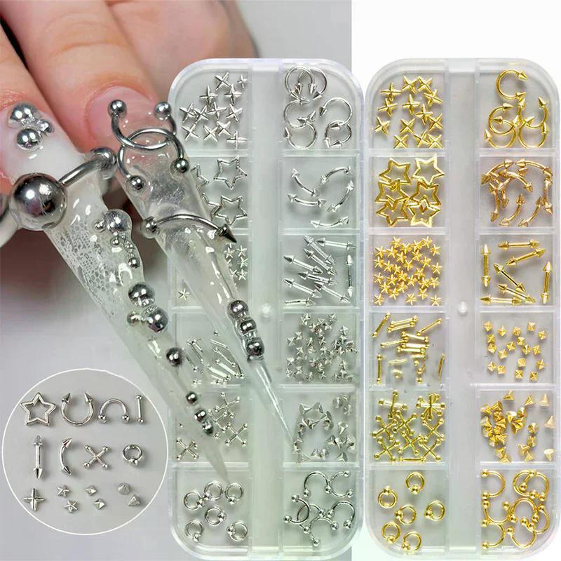 12 Grids Gothic Punk Retro Metal Nail Jewellery 3D Gold Silver Nail Rhinestone Accessories DIY Glamour Nail Decoration