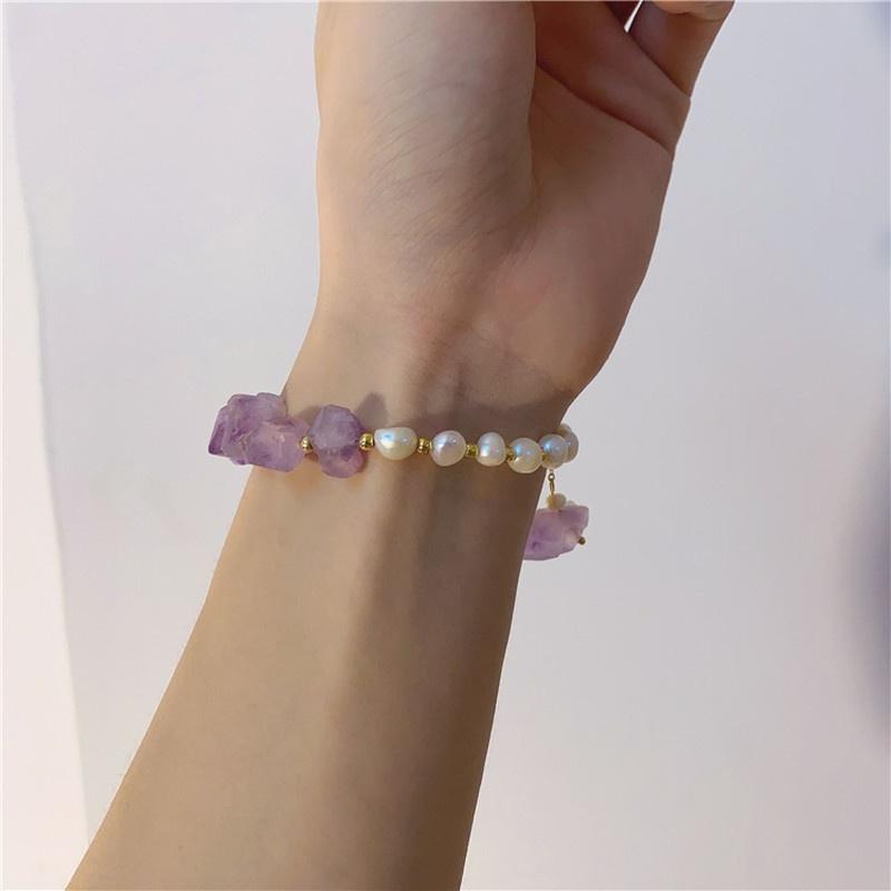 Women Girls Freshwater Pearls Bracelet Irregular Natural Stone Amethysts Purple Crystal Oval Shape Pearl Golden Bangle Jewelry
