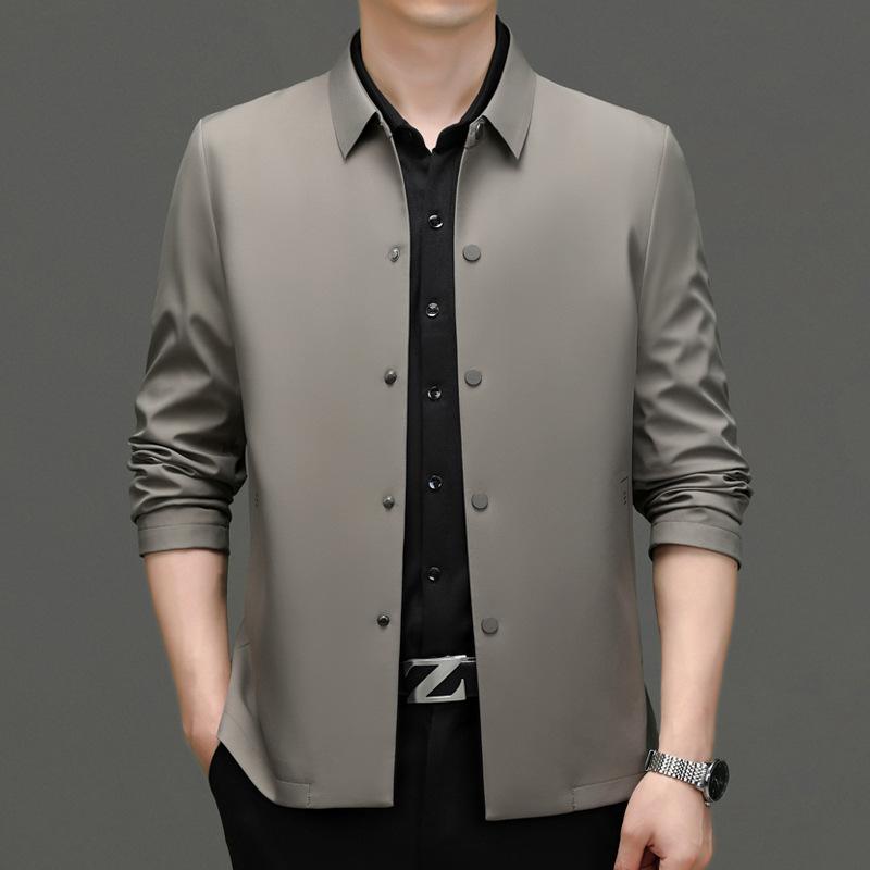 New Men's Casual Jacket Business Gentleman Lapel Hidden Button Men's Jacket Middle-aged Thin Jacket