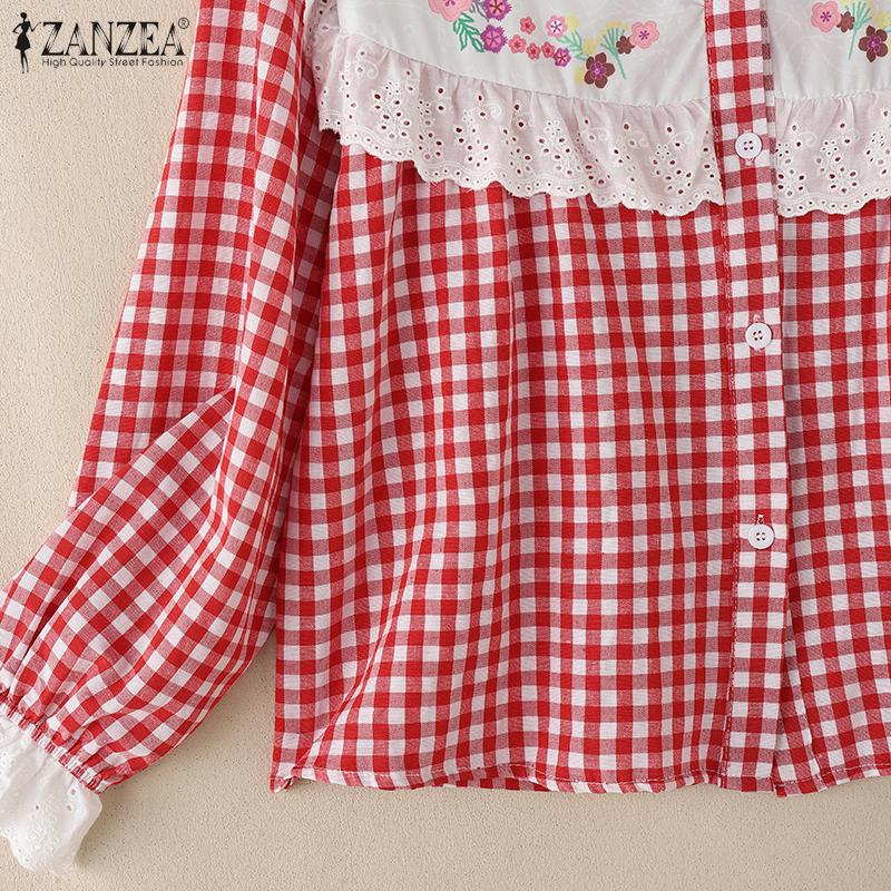 ZANZEA Women Lace Patchwork Casual Long Sleeve Grid Print Blouse