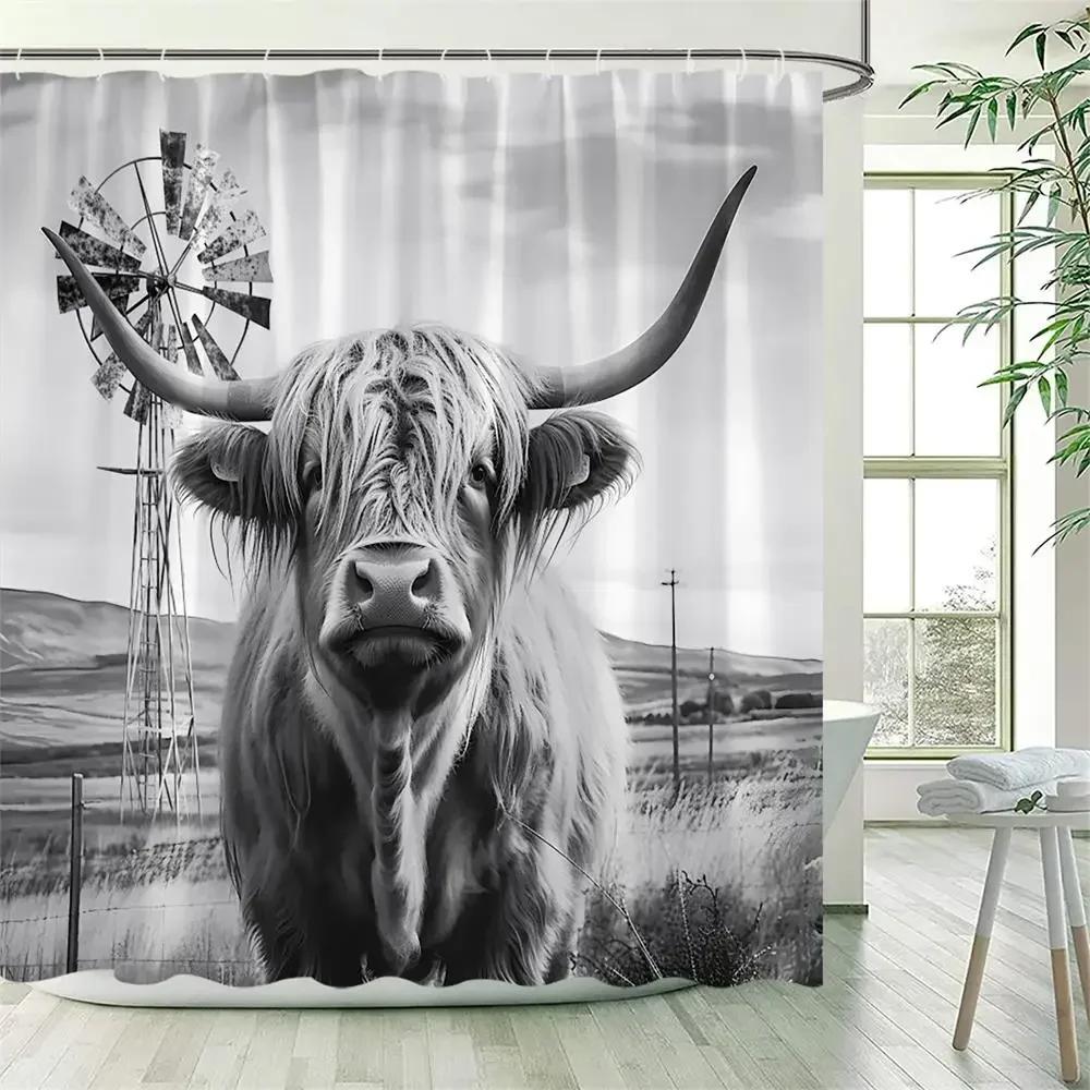 Funny Highland Cow Shower Curtain Farm Animal Sunflower Watercolour Flowers Farmhouse Polyester Fabric Bathroom Decor with Hooks