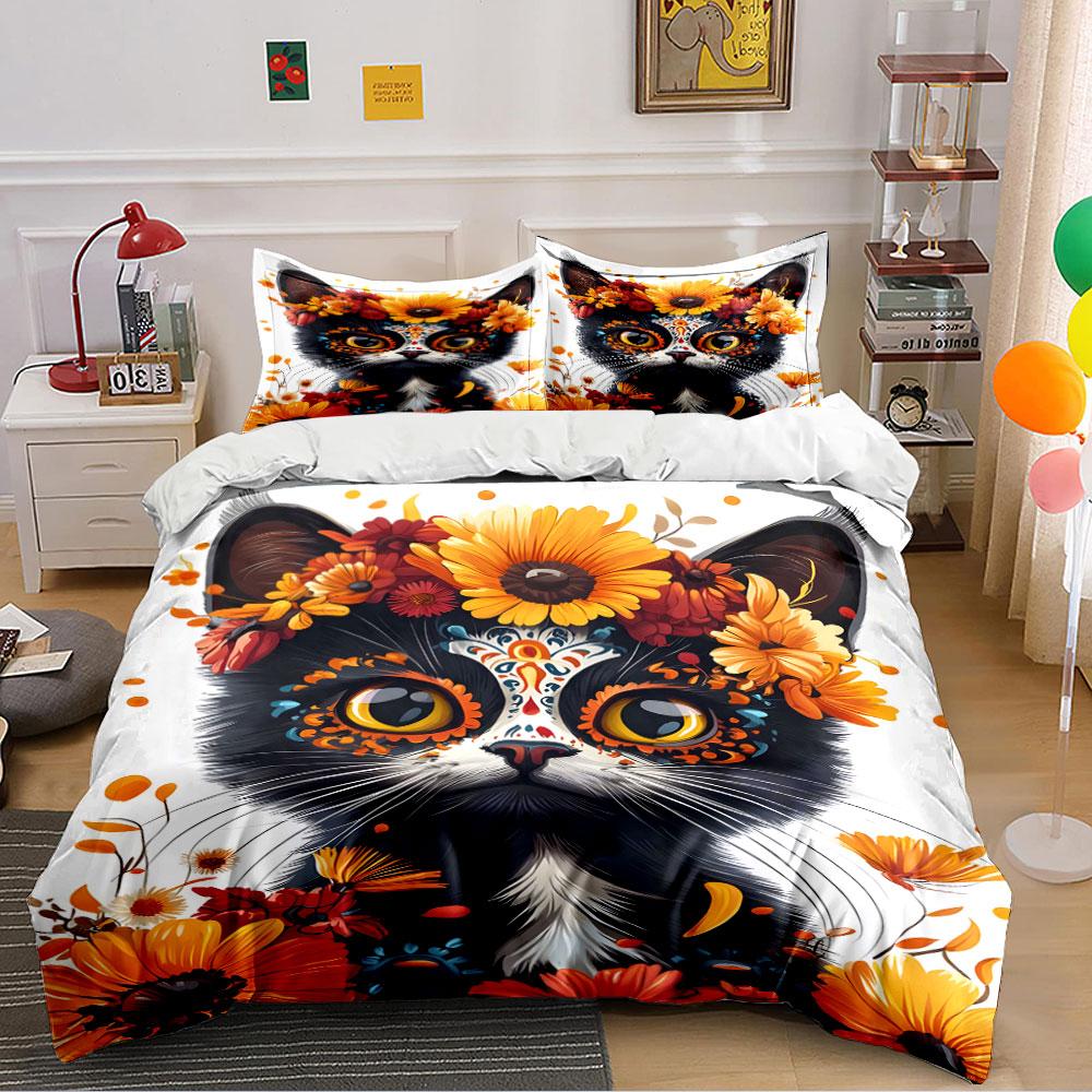 Cat with Floral Crown Bedding Bedding Duvet Cover Set Duvet Cover Pillowcases (1 * Duvet Cover 2 * Pillowcases, Without Duvet Insert)