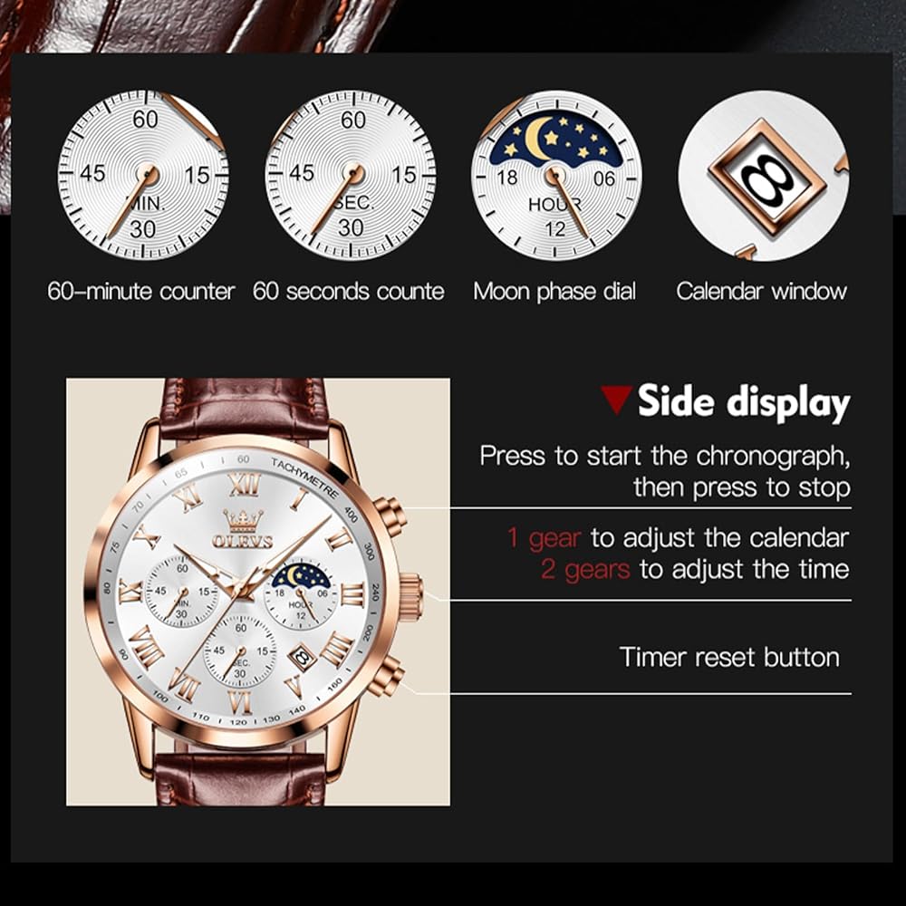 OLEVS Men's Analog Watch Brown Leather Band Waterproof Large Dial Quartz with Date and Luminous Features
