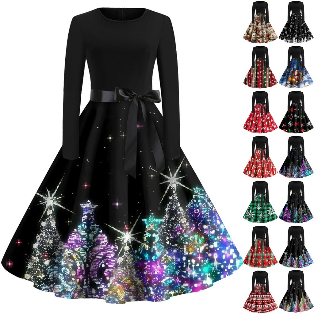 Christmas Print Flare Dress For Women Long Sleeve Dress Hollow Party Casual Dresses