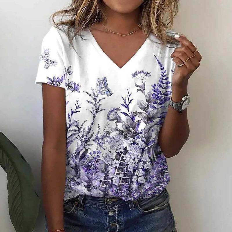 Women's 3D T-shirt Summer Women's Short V-neck Women's White Women's T-shirt