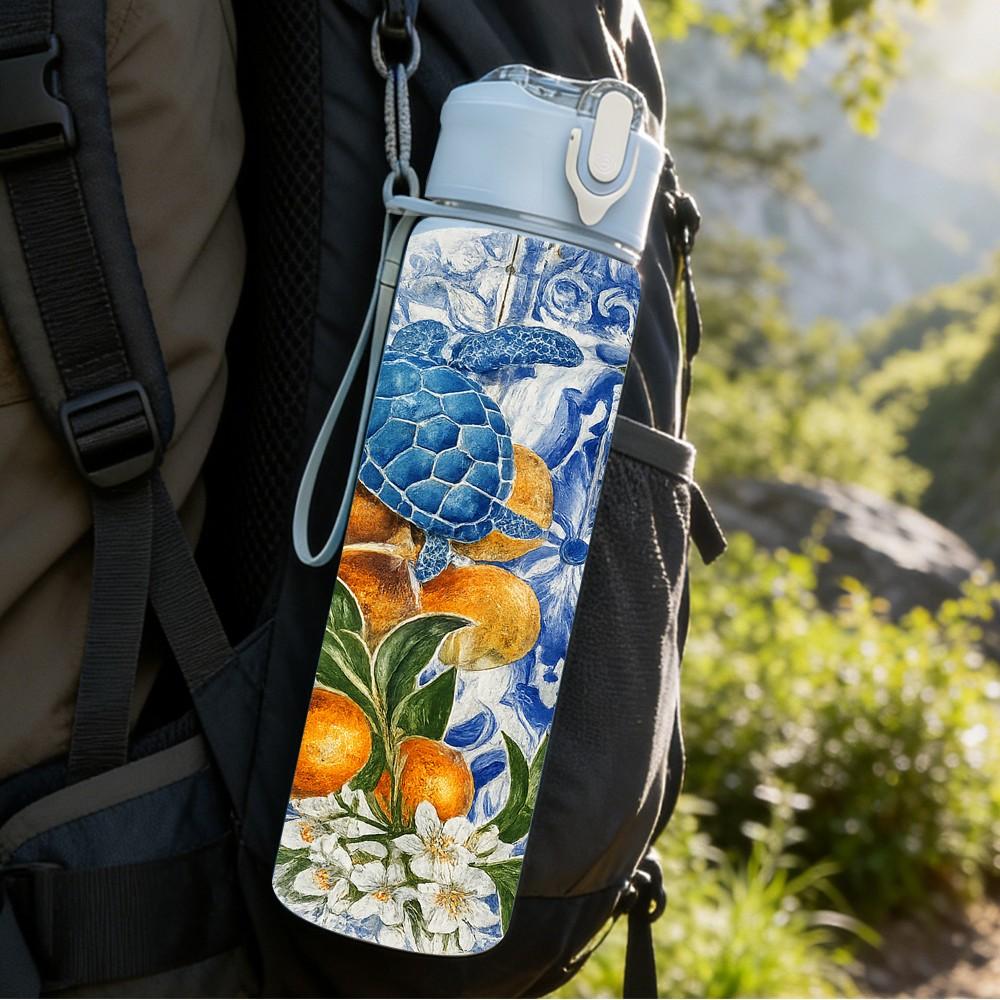 1PC Citrus Fruit Blue Floral Art Print 750ml Color Plastic Sports Water Bottle Leakproof Flip Straw Lid Suitable for Sports Office Home Use