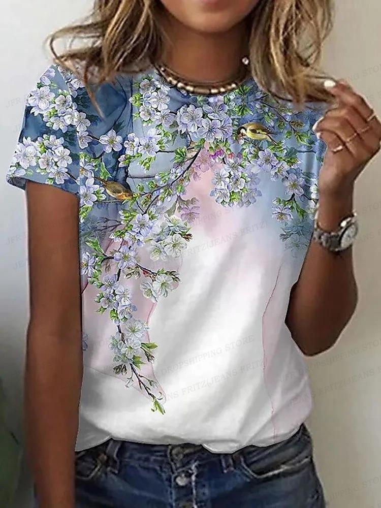 Summer women's T-shirt flower 3D printed T-shirt women's fashionable short sleeved T-shirt flower top Harajuku T-shirt bird