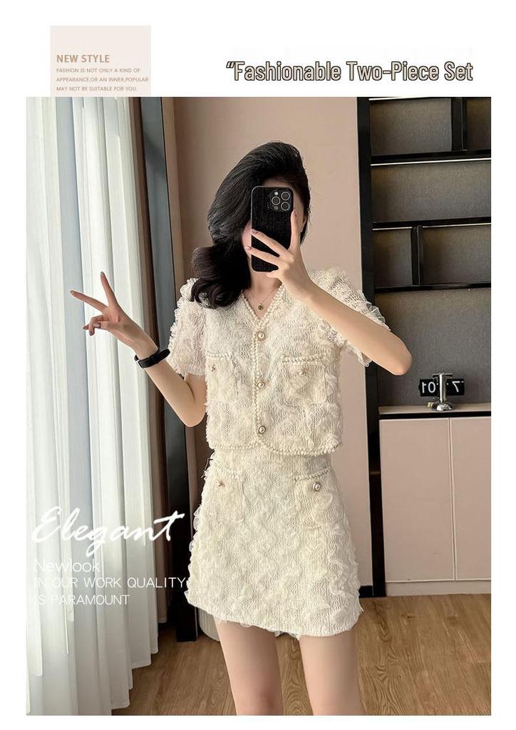 2026 Petite French Chic Apricot Lace Top & Skirt Set - Summer New Arrival