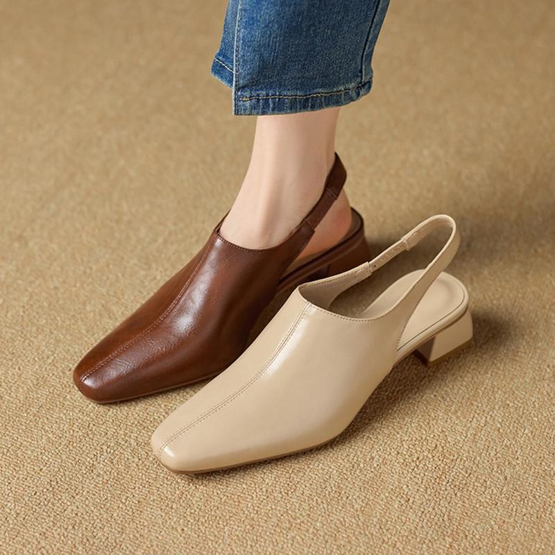 Fashion NEW Spring/Summer Women Sandals Split Leather Shoes for Women Square Toe Chunky Heel Shoes Concise Cover Toe Slingback Sandals