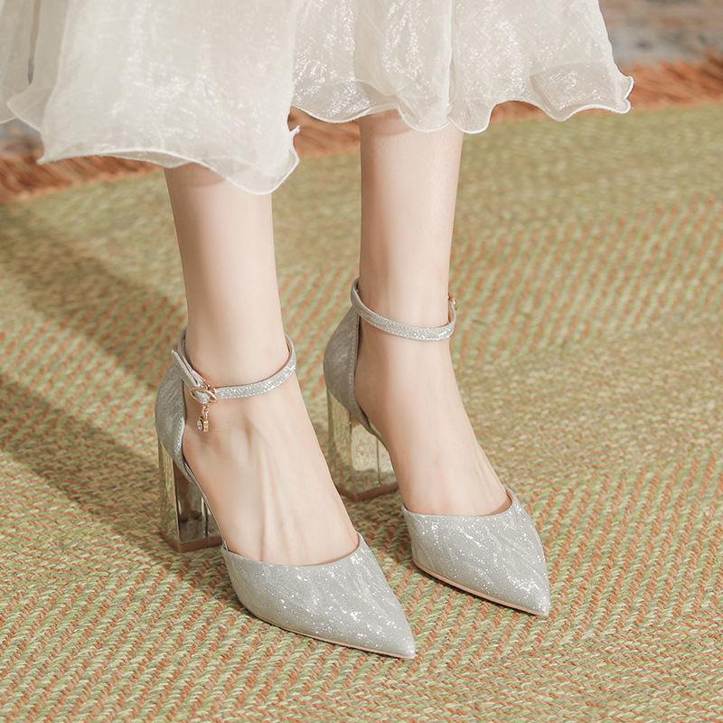Small Size Women's Shoes 2025 Spring New Glitter Thick Heel with Hollow High Heels Simple Temperament Commuting Widened