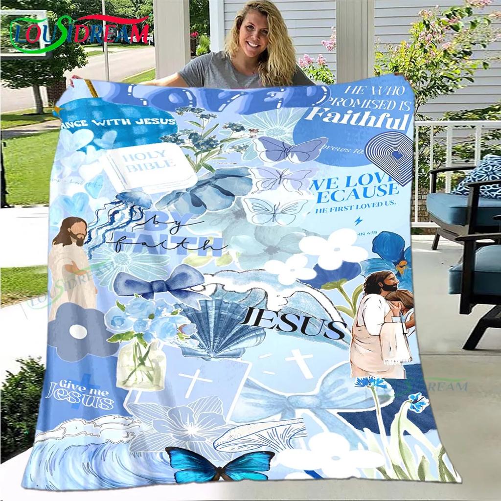 Fashion Bible Verses Jesus Pattern Blanket Flannel Thin Blanket Portable Home Travel Office Lunch Break Blanket Birthday Gift