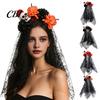 Halloween Costume Headband Pumpkin Skull Floral Headband, Stable Hair Hoop with 3D Artificial Non-irritating Flowers And Spiderweb Black Gauze Gothic