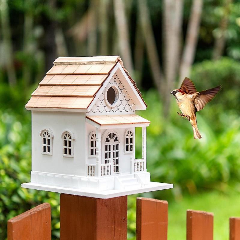 Outdoor Decorative Wooden Birdhouse – Handmade Miniature Villa Style, Blue Roof, Porch and Balcony – Garden or Backyard Wild Bird Decoration