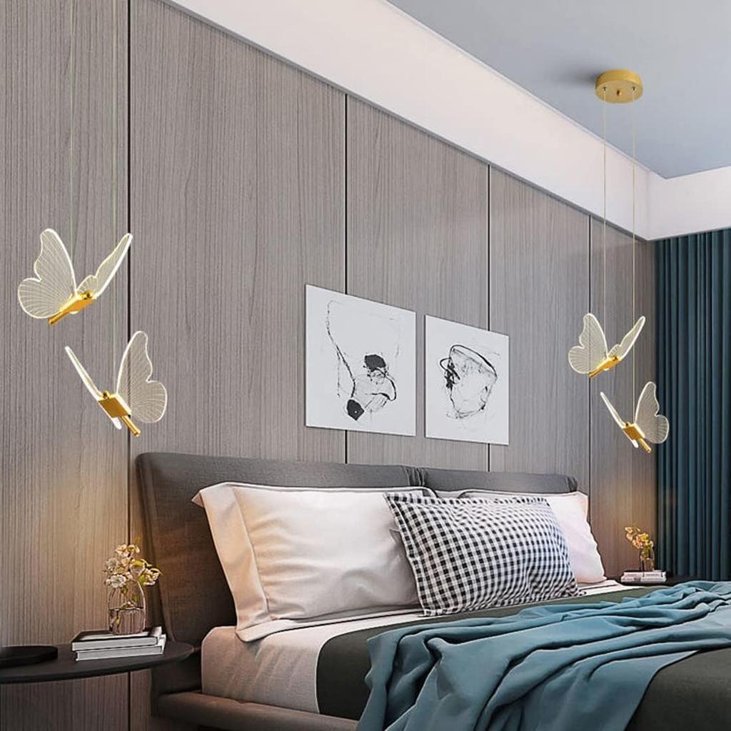 Butterfly Chandelier for Girls Bedroom Purple Pink Acrylic Shade 12W Dimmable LED Pendant Light Fixture Gold Hanging Ceiling Lamp for Staircase