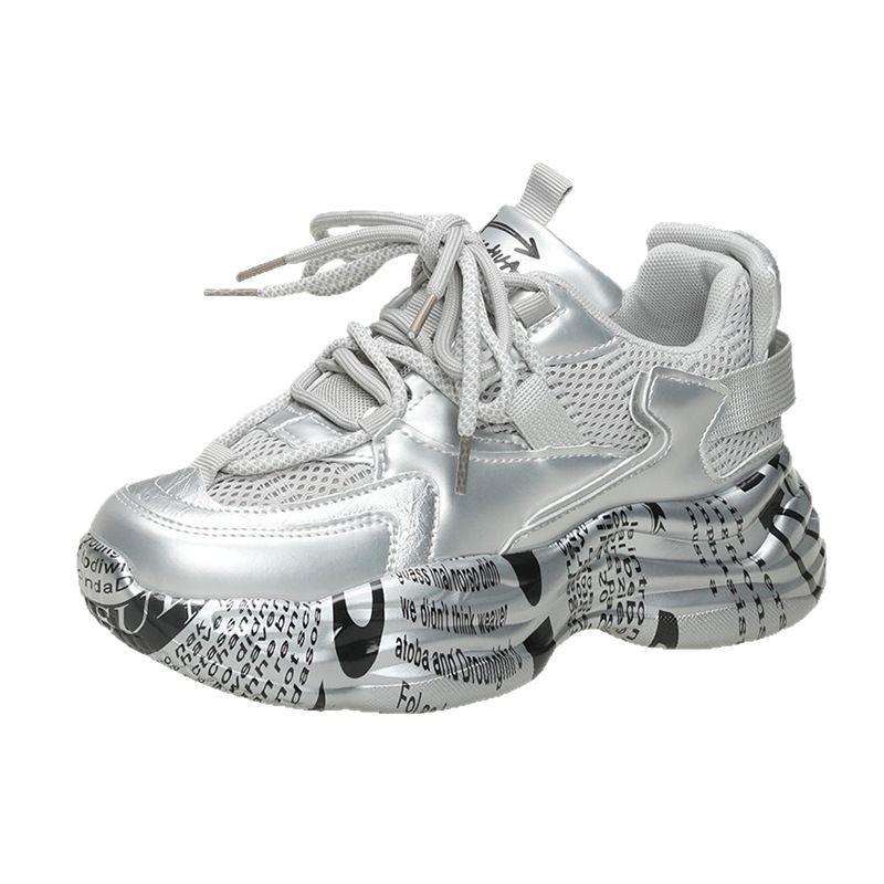 Black dad shoes women's 2025 spring new mesh lightweight breathable super fire thick-soled printed fried street sneakers