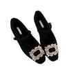 French fluffy shoes thick heel rhinestone single shoes women's 2025 autumn and winter new one-word buckle square head velvet Mary Jane cotton shoes