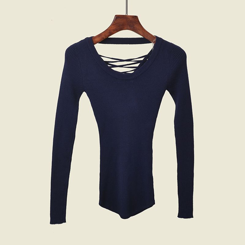 Foreign Trade Original Order Lace-up Slim fit High Elastic Knitted Bottoming Shirt Early Autumn Solid Curved Hem Backless Skin-friendly Pullover