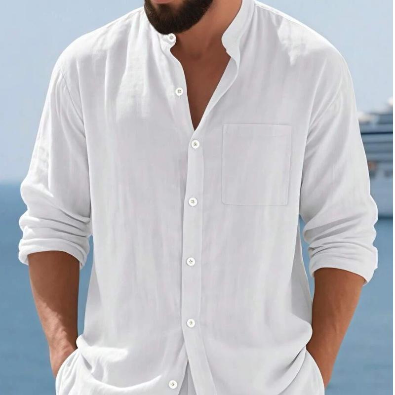 Spring Autumn Men's Cotton Linen Long Sleeve Button Up Shirt Vacation Casual Breathable Top
