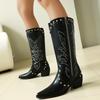 Krazing Po Microfiber Winter Pointed Toe Western Boots Size 43 Metal Rivets Embroidery Thick Heels Mid-calf Boots