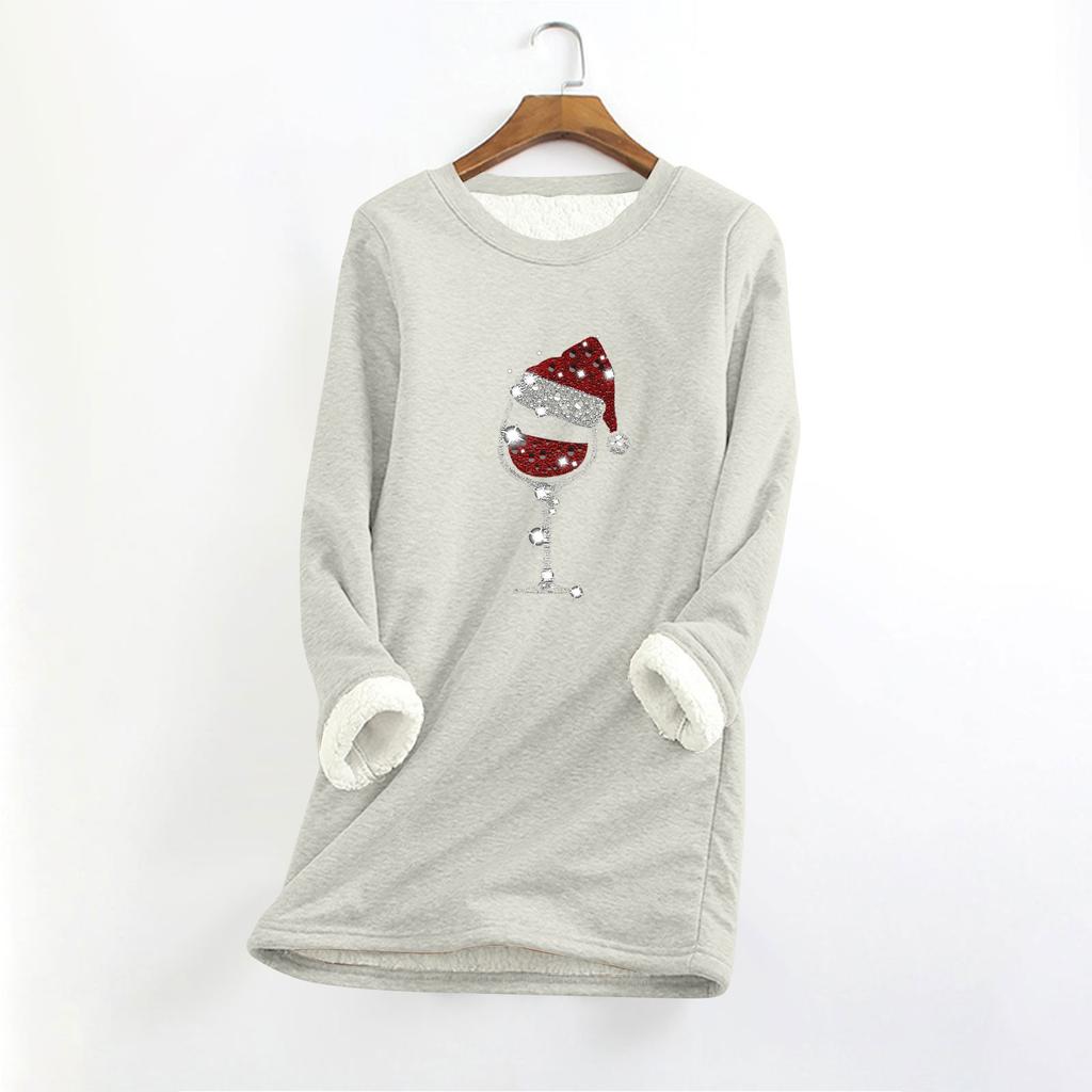Top longo feminino com decote redondo e manga comprida, estampa de natal, grosso, pelúcia, cashmere, quente