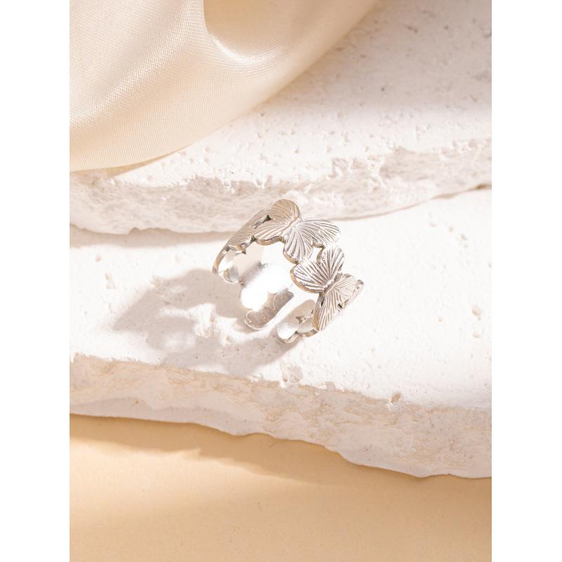 Retro Titanium Steel Irregular Leaf Butterfly Open Ring for Women