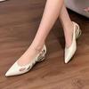 Fashion 2025 New Summer Heels French Retro Cutout Block Heel Shallow Mouth Pointed Toe Low Heel Single