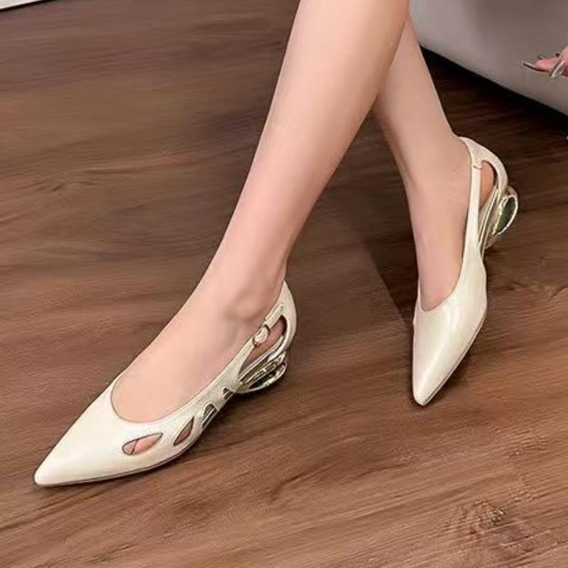 Fashion 2025 New Summer Heels French Retro Cutout Block Heel Shallow Mouth Pointed Toe Low Heel Single