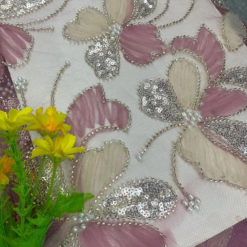 African 3D Beaded Sequins Pearls Embroidered Tulle Fabric Handmade Net Lace Fabric for Bridal Party Dresses DIY Sewing