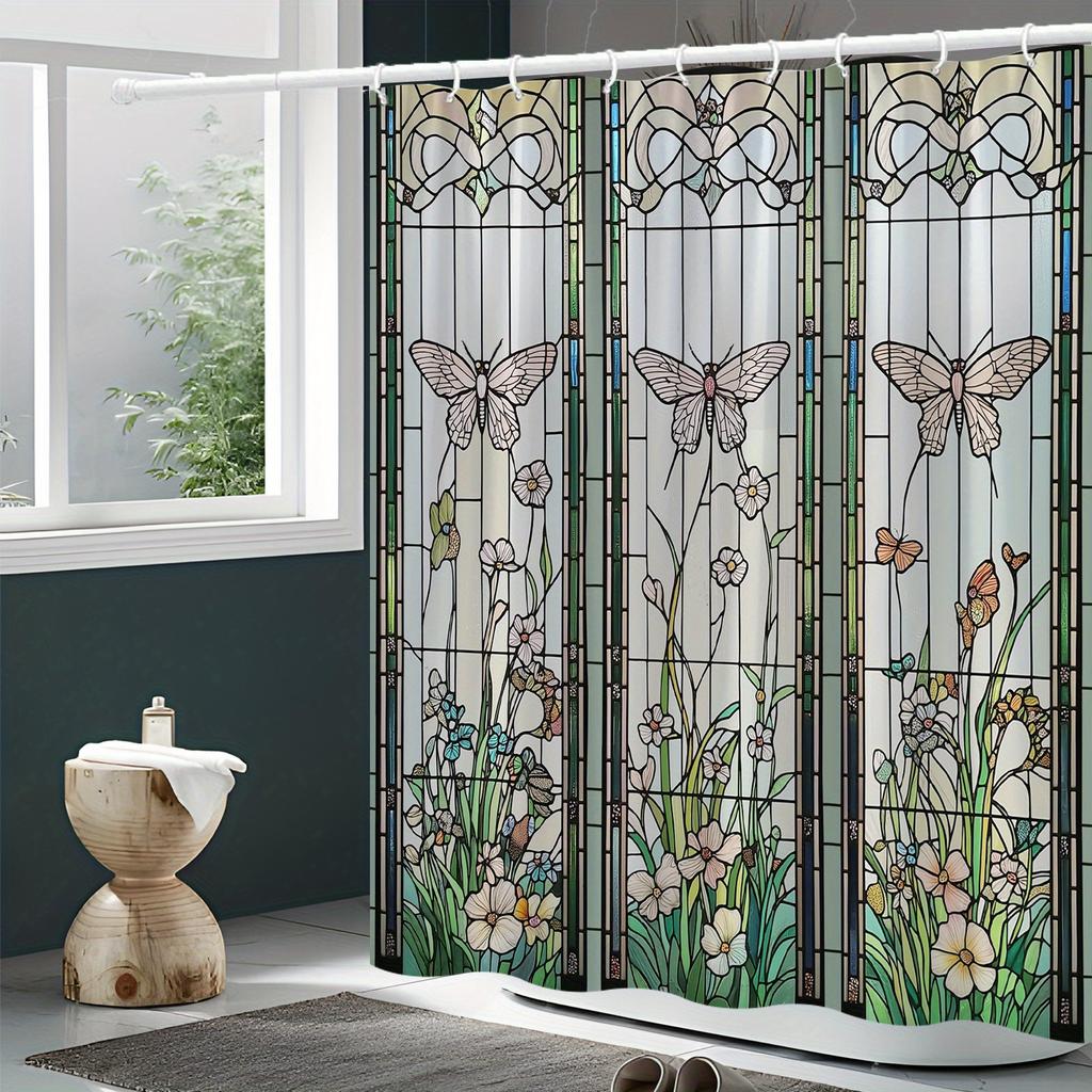 1pc Art Nouveau Floral & Butterfly Shower Curtain - 70x70In Polyester, Vibrant Colors, Machine Washable, 12 Hooks, Bath Decor