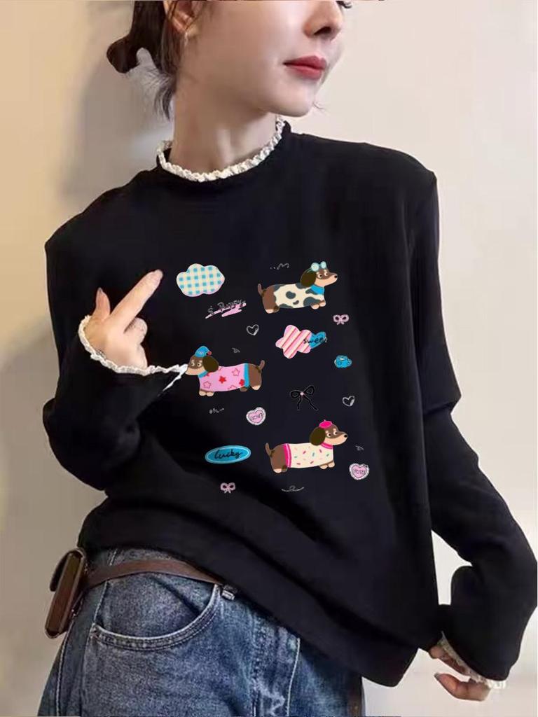 Lace Collar Cartoon Print Velvet T-Shirt: 2025 Autumn/Winter, Plus Size, Half-High Collar, Long Sleeve, Women's Trendy Style