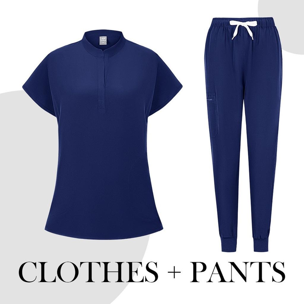 Women's Quick Drying Fabric Solid Color V-neck Pocket Short Sleeved Pants Set Workwear