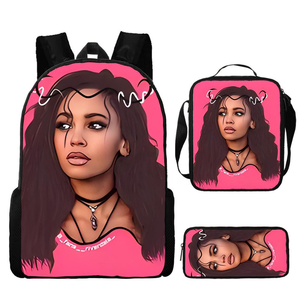 Cartoon African Girl Schoolbag, Primary And Secondary School Backpack, Backpack Three-Piece Set