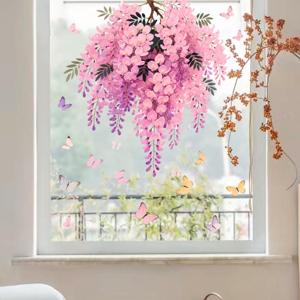 Pink Vine Flower Butterfly Static Cling Window Sticker Double Sided for Home Decor Bedroom Living Room