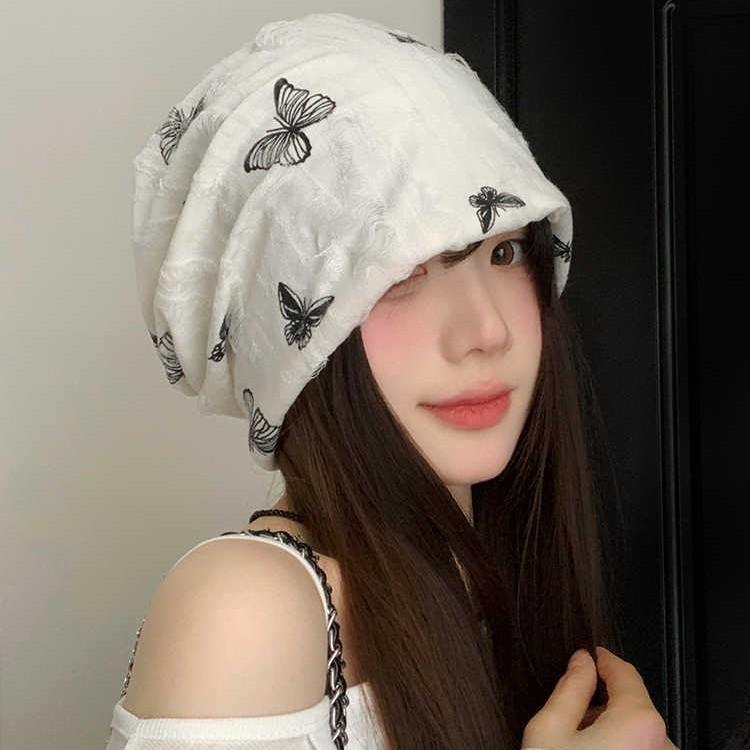 Butterfly embroidery pile hat autumn and winter hat women's retro versatile warm bag head hat showing face small cold hat