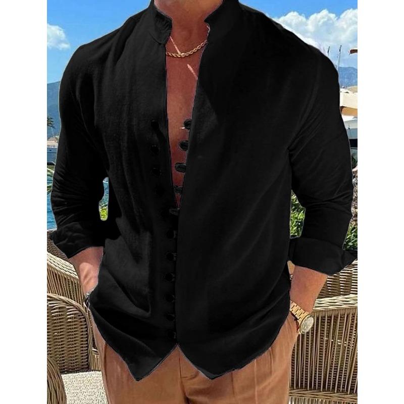 Men stand collar long sleeve shirt chinese style frog button spliced metal buttons loose casual daily vacation top