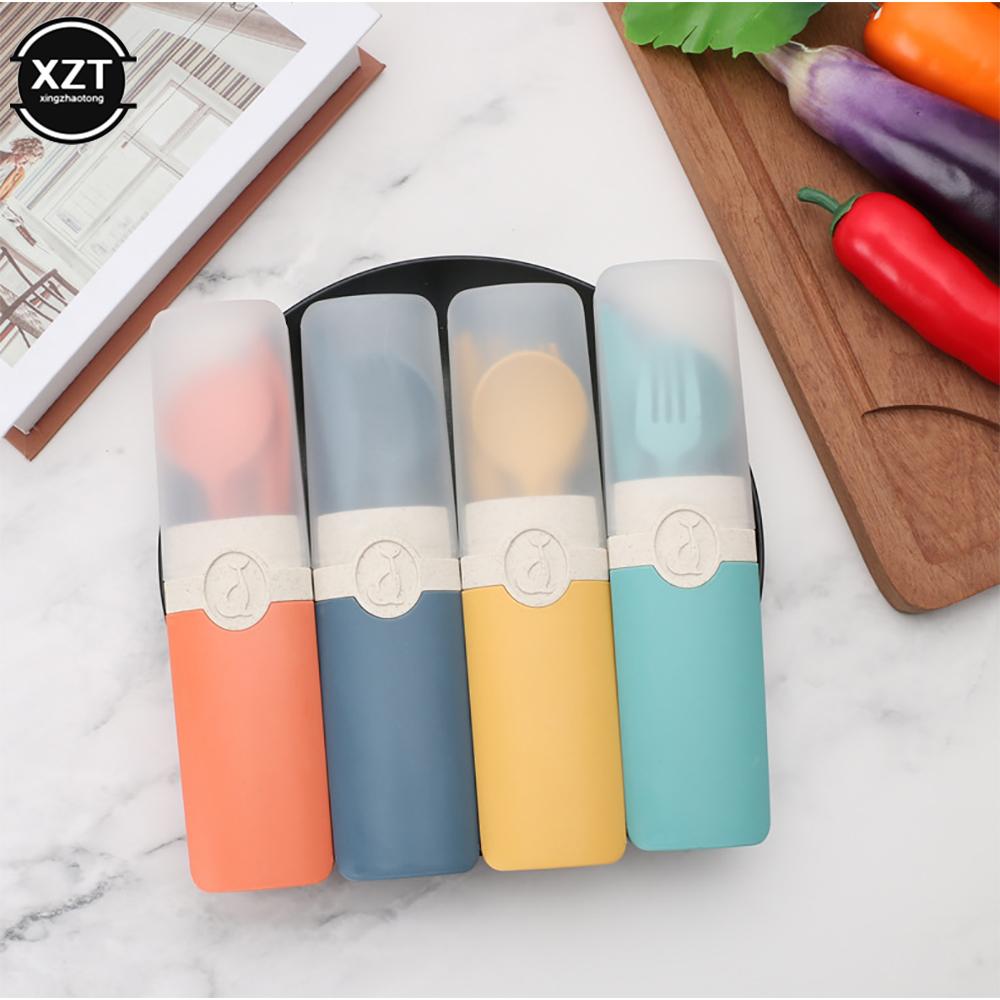 Portable Tableware Set Spoon Fork Knife Chopsticks With Carrying Box For Travel Picnic Camping Wheat Straw Cutlery Set