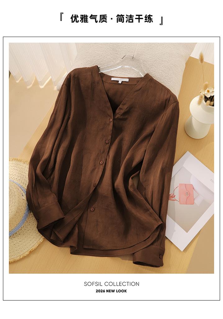 Women's 2026 Spring Fashion Versatile Commuter Shirt with Linen Mulberry Silk V-neck Long sleeved Shirt