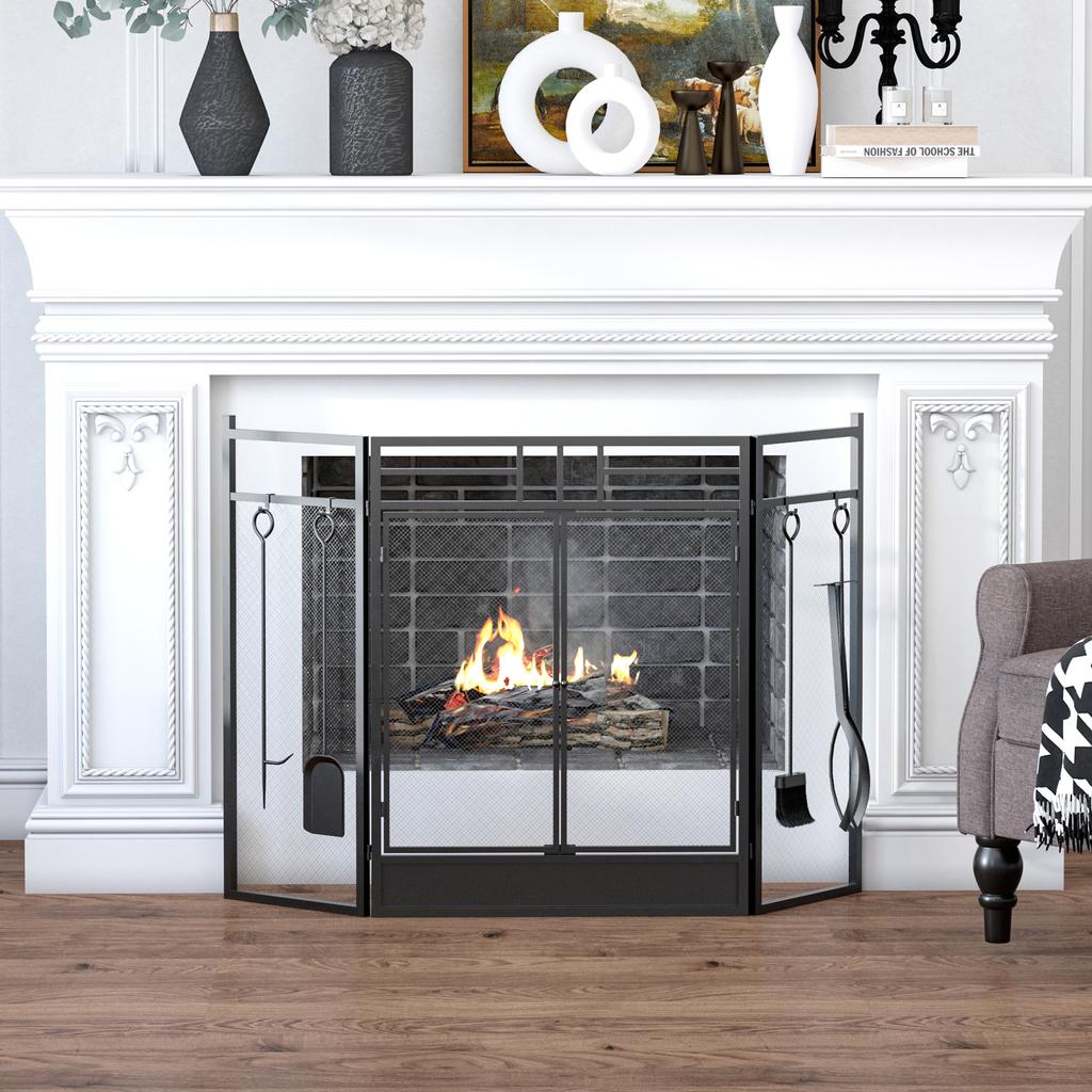 3 Panel Folding Fireplace Screen with 4 Tools Set, Steel Mesh Spark Guard with Double Door for Open Fire, Log Burner, 122W X 80H Cm, Black