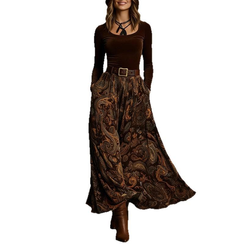 2026 Chic European & American Autumn Slim Top with Elegant Long Skirt and Retro Print, Belt Included