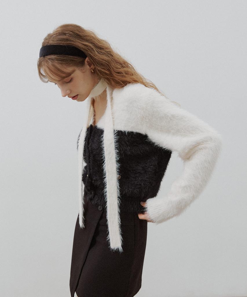 BRILLEMONTHS Angora V-Neck Tie Cardigan [White Black]