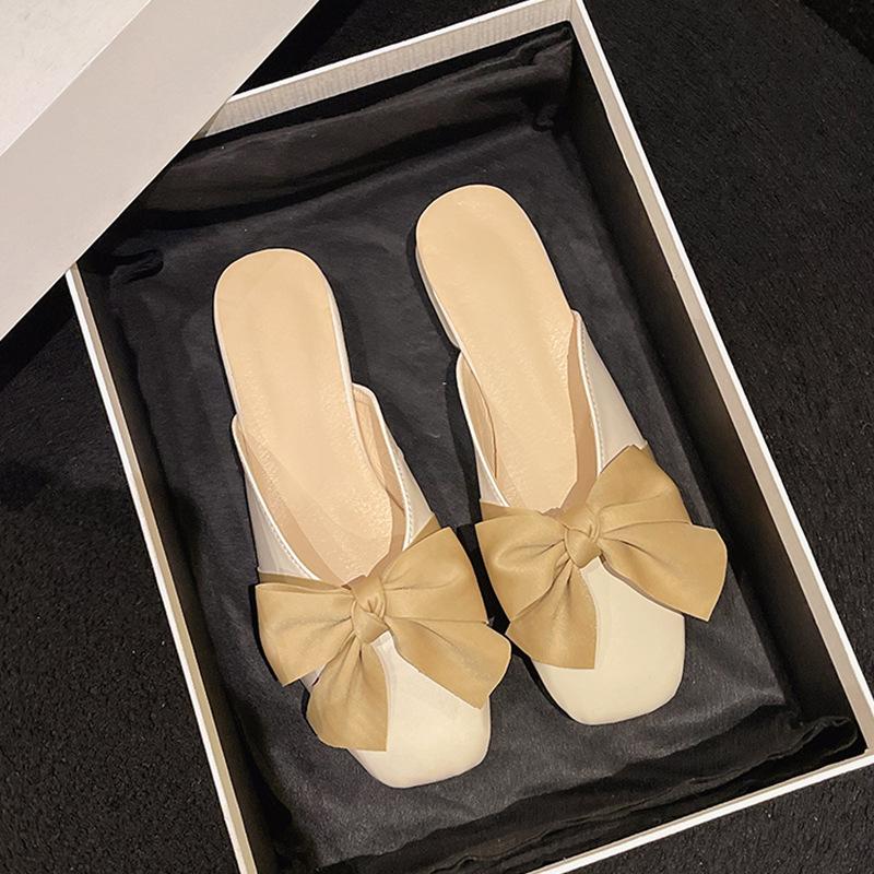 Square head bow slippers women's summer wear ins trendy year new versatile fairy flat bottom bag head half slippers