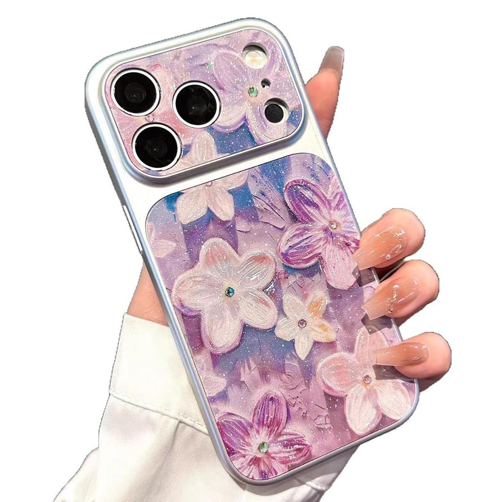 Purple Glitter Flower Case for iPhone 17 Pro Max/iPhone 16 Pro - Gold Glitter Pearlescent Spring Design.