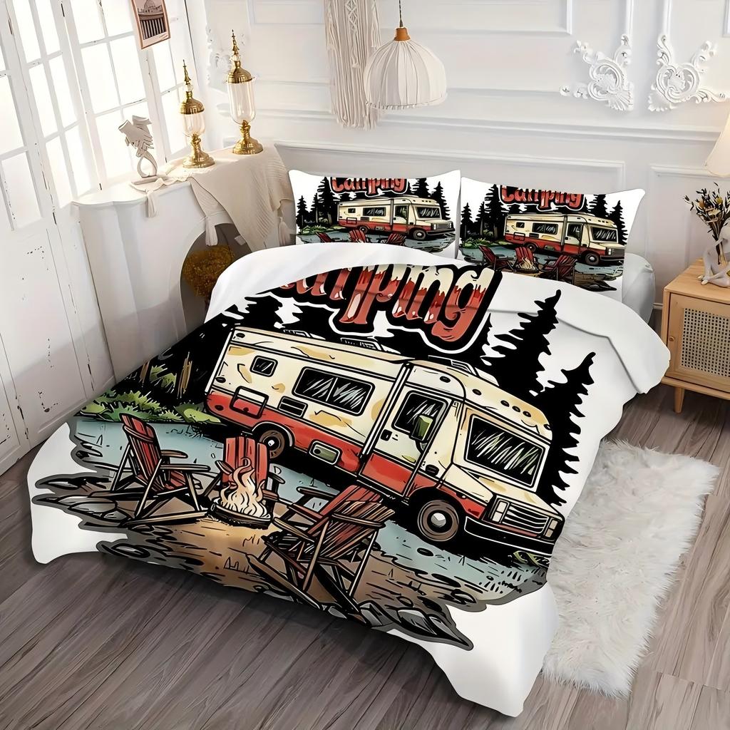 Vintage wooden board tourist bus RV forest 3d print Quilt cover Retro Style Bed Cover Pillowcase Luxury Home Textile Duvet Cover