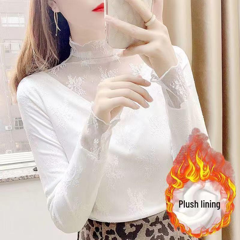 Stylish White Mesh Fleece-Lined High-Neck Lace Shirt for Autumn & Winter, Perfect Under Sweaters.