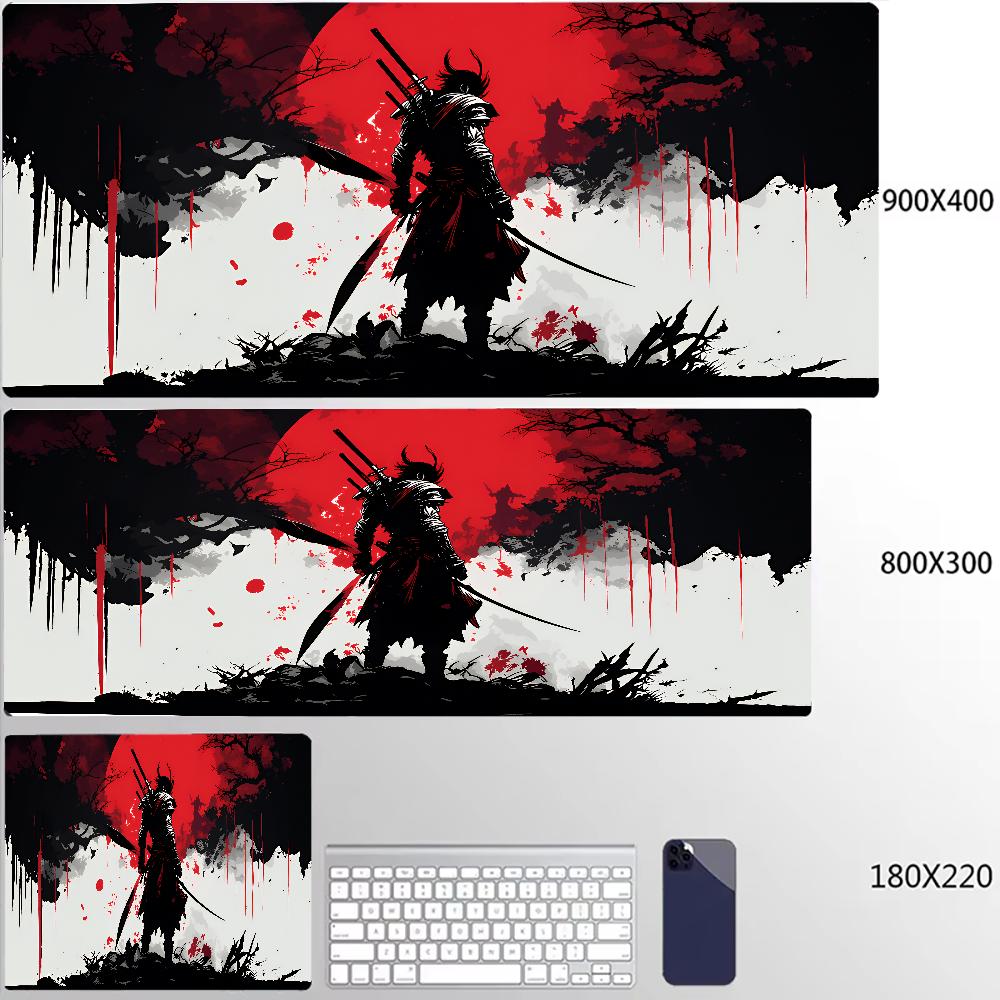 Japanese Samurai Desk Mat XXL Black and White Gaming keyboard mat large Oni Samurai extended deskpad Ghost of Tsushima Mousepad